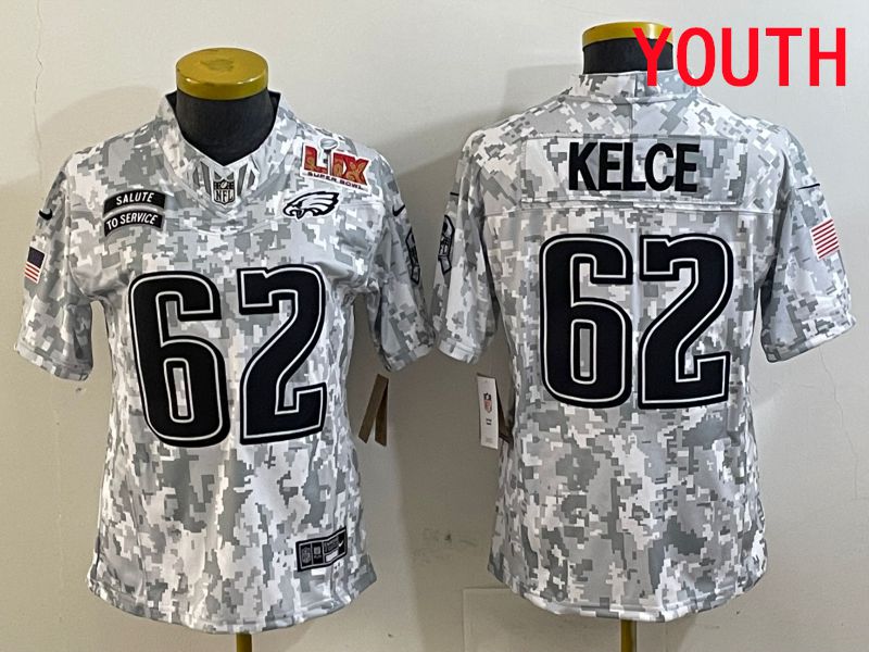 Youth Philadelphia Eagles #62 Kelce Nike Arctic Camo 2025 Salute to Service Limited NFL Jersey style 2